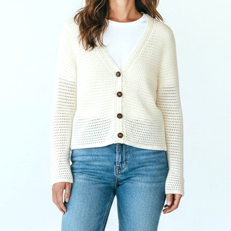 Joie Open Knit Cardigan Button Front V Neck Cream Cotton Sweater M
